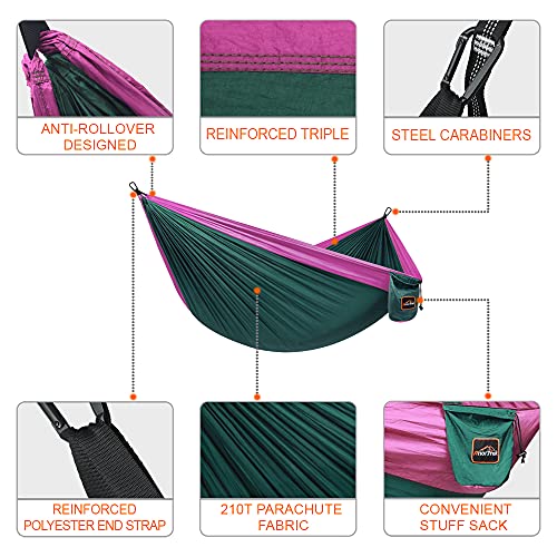 AnorTrek Camping Hammock, Super Lightweight Portable Parachute Hammock with Two Tree Straps Single or Double Nylon Travel Tree Hammocks for Camping Backpacking Hiking - color: Dark Green&fuchsia, size: Double 118''L x 78''W