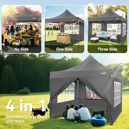 COBIZI 10x10 Heavy Duty Pop Up Canopy Tent with 4 Sidewalls Thicken Frame, Commercial Easy Up Outdoor Wedding Party Tents, All Season Waterproof Windproof with Stakes Sandbags Ropes Roller Bag, Gray - color: Gray, size: 10x10
