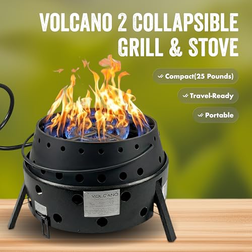 Volcano 2 Collapsible Grill Stove with Fire Pit Burner Ring, Portable Charcoal or Wood Cooker, Propane Fire Ring Conversion, Folding Outdoor Stove with Carrying Case, Compact Steel Camp Bundle - style: Volcano 2 Grill + Fire Pit Burner Ring Kit