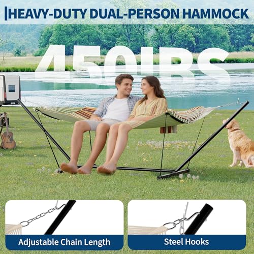 2 Person Double Hammock with Stand & Pillow, 450 LBS Heavy Duty Outdoor Hammock with Balance Rope for Patio Backyard Poolside - color: K-dark Gery