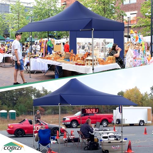 COBIZI 10x10 Pop up Canopy Tent with Awning and Sidewalls, Heavy Duty Commercial Instant Tents for Market, Outdoor Events, Deep Blue - color: Deep blue, size: 10x10FT with 3 Sidewalls & 1 Awning Cloth