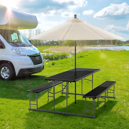VINGLI Folding Picnic Table and Bench Set, Portable Outdoor Dining Furniture for Camping, Patio, Backyard, Wood Grain Plastic Top with Metal Frame (Black) - color: Black, style: Standard
