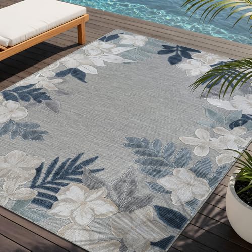 Outdoor Rug 5x7 Washable Area Rugs Indoor Outdoor Carpets Blue Border Floral Non Shedding Waterproof Easy Clean Patio Deck Porch Living Room Bedroom Garden RV (5 X 7 Blue) - color: 1-blue, size: 5' x 7' (Rectangular)