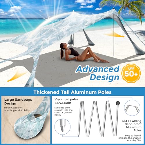 Beach Canopy Beach Tent Pop Up Shade 10x10ft Sun Shelter UPF50+ with 8 Sandbags-2 Sand Shovel-4 Aluminum Poles-Ground Pegs-Portable Carrying Bag for Outdoor Family Camping Fishing Yard Picnic - color: Starfish