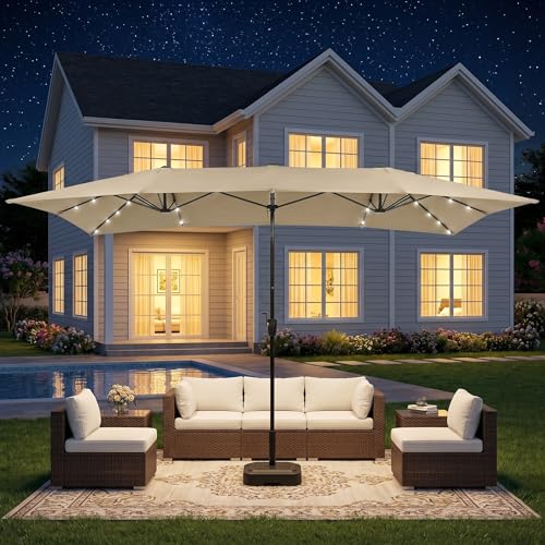 15×15ft Outdoor Patio Umbrella, Double Sided Market Rectangle Umbrella with Crank Handle, Large Sun Shade for Outside Deck, Backyard, Garden - color: Beige with LED lights