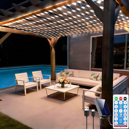 10ft x 10ft Solar Net Lights, 280LED Gazebo Mesh Lights Solar & USB Powered, Waterproof Netting Lights 8 Modes Clear Wire for Bushes Patio Garden Christmas Holiday Party Outdoor Decor (Cool White) - color: Cool White, size: 10ftx10ft (Clear Wire)