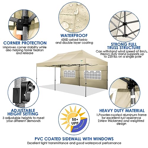 COBIZI 10x20 Canopy with Sidewalls, Heavy Duty Party Tent Pop up carpas para Fiestas, Tents for Parties, Wedding, Outdoor Easy Pop up Foldable Portable Canopy Tent with Wheeled Bag, Khaki Upgrade - color: Khaki, size: 10x20 With Sidewalls