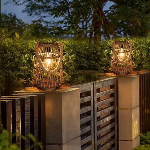 Solar Lantern Outdoor Waterproof Large Rattan Lanterns Decorative Bright Boho Lanterns Lights with Handle Rustic Hanging or Table Lamp for Fence Porch Garden Yard Wedding Decoration - size: Rattan 2