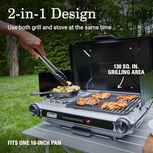 Coleman Tabletop 2-in-1 Grill & Stove with 2 Adjustable Burners, Propane Grill/Stove with Push-Button Starter, Wind Guards, Grease Tray, & 20,000 BTUs of Power for Camping, Tailgating, & More - color: Black, style: PFAS-Free