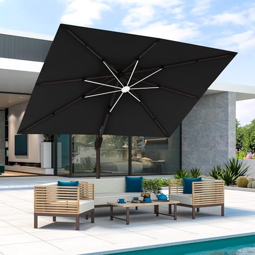 JZAC & QZYD 9x12 FT Outdoor Cantilever Patio Umbrella with Base Included and LED Lights, Large Heavy Duty 2-Tier Aluminum Offset Umbrellas with 360-Degree Rotation for Pool Deck, Black - color: Black, size: 9'×12' - Weighted Base Included