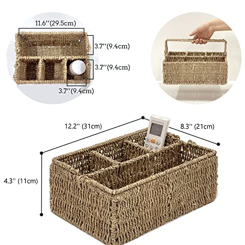 Large Wicker Utensil Caddy Carrier | Water hyacinth Woven Condiment Holder for Table - Kitchen Set Counter Top Organizer - Rustic Small Storage for Dinner Set, Wine