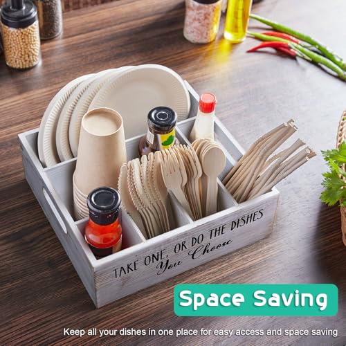 ALELION Rustic White Plate and Utensil Caddy, 6-Compartment Paper Plate and Cutlery Holder with Handles, Kitchen and Party Organizer for BBQs, Picnics, and Gatherings - style: White