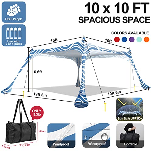 Buheco Beach Tent Pop Up Shade 10x10ft Beach Canopy Sun Shelter UPF50+ with 4 Foldable Poles-Portable Carrying Bag-Sand Shovel-Ground Pegs-Windproof Ropes for Outdoor Family Camping-Fishing- Picnic - color: Sea Wave, size: 10x10FT 4 Pole
