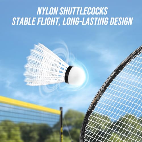 Professional Badminton Set with Carbon Fiber Badminton Rackets Set of 4, Outdoor Portable Badminton Net with Anti-Sag Winch System, 4 Nylon Badminton Shuttlecocks and Bag - color: Yellow