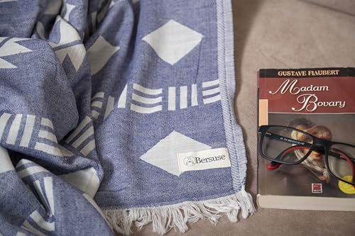 Bersuse 100% Cotton Belize XL Throw Blanket Turkish Towel Beach Blanket - Beach Camping Essentials - 75x90 Inches, Dark Blue - color: Dark Blue2