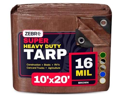 10' x 20' Brown Heavy Duty Tarp with Grommets Reinforced - 16 Mil Thick - Double Sided Plastic Tarps Waterproof - Large Tarpaulin Cover for Outdoor Camping Over/Under Tent Tarp RV Roof Rain - Zebro - color: Brown, size: 10' x 20'