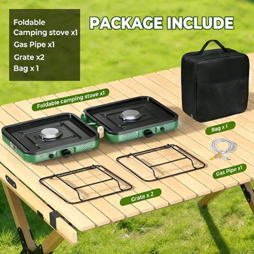 2 Burner Camping Stove, 20000 BTU Propane Camp Stove Portable Folding Gas Travel Stove Camping Essentials Gears Includes Grill,Carrying Bag, Adjustable Burners & Piezo Ignition for Tailgating,BBQ,Camp