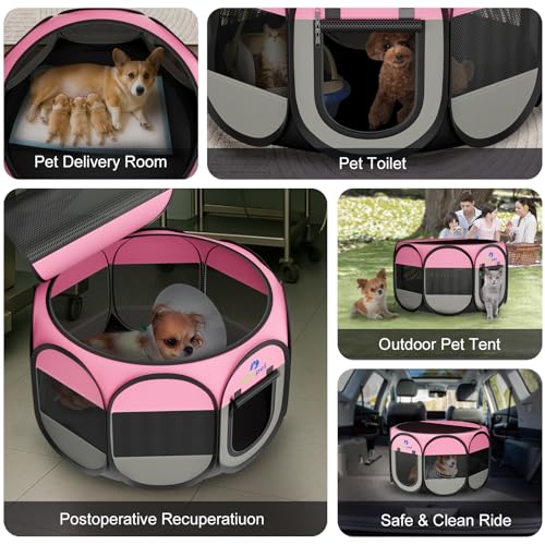 Playpen for Small Dogs Cats Crate: Puppy Play Pen Indoor Outdoor Foldable Potable Exercise Cage Pop up Kennel for Guinea Pig Rabbits Hamster Travel with Carrying Case & Food Bowl (Pink, M, 1) - color: Pink, size: M