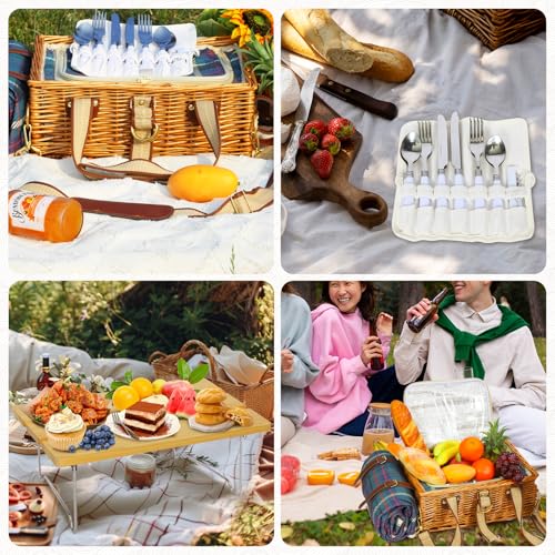 Picnic Basket for 4 with Folding Table, Large Wicker Picnic Basket Set with Waterproof Blanket and Wine Pouch, Insulated Willow Hamper with Cutlery Kit for Camping, Couples, Wedding Gift - color: Green Plaid
