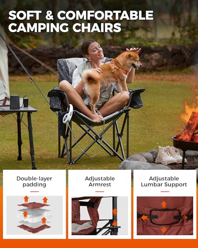 KingCamp Oversized Camping Folding Chair, Heavy Duty 450 LBS with Lumbar Support, Padded seat with Cup Holder&Cooler Bag, Ideal for Camp, Fishing, Sports Event, Backyard, Patio, Lawn - color: Grey/Red-2 Pack