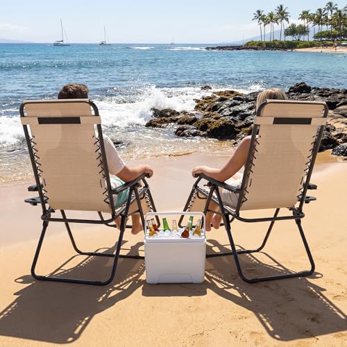 Set of 2 Adjustable Zero Gravity Lounge Chairs Outdoor Recliner w/Cup Holder Tray & Removable Pillows, Ergonomic Reclining Chair for Camping Patio Lawn Balcony (Beige-Brown) - color: Beige-brown