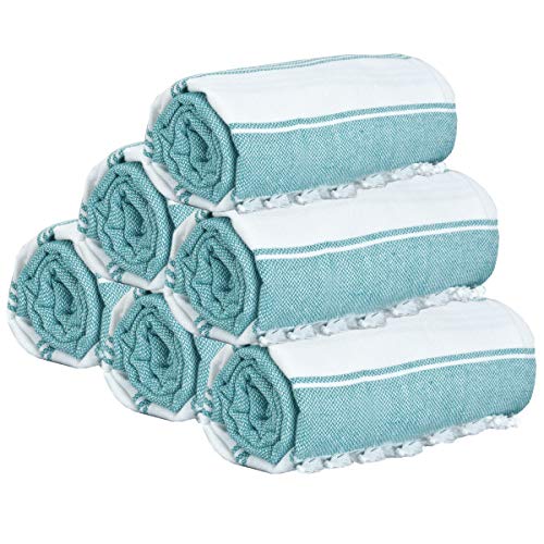 GLAMBURG Peshtemal Turkish Beach Towel Cotton Oversized 36x71 Set of 6 for Adults, Soft Durable Absorbent Extra Large Hammam Bath Sheet - Teal - color: Teal, size: 6 Pack