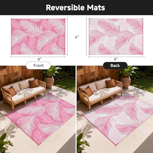 Pauwer Waterproof Outdoor Rug 6x9, Reversible Plastic Straw Patio Camping Rug, Indoor Outdoor RV Mat Carpet for Deck, Camper, Porch, Balcony, Backyard, Picnic, Leaf Pink - color: Leaf Pink, size: 6' x 9' (Rectangular)