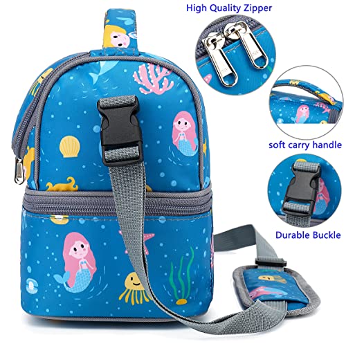 FlowFly Double Decker Cooler Insulated Lunch Bag Large Tote for Boys, Girls, Men, Women, With Adjustable Strap (Blue-Mermaid) - color: Blue-Mermaid