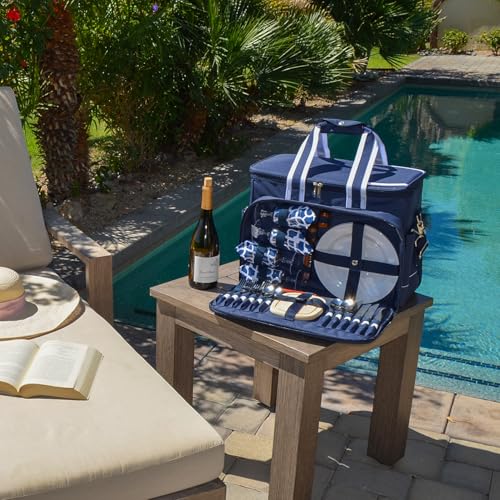 Picnic at Ascot- Original Insulated Picnic Cooler on Wheels with Service for 4- Designed & Assembled in The USA - color: Navy/Trellis Blue