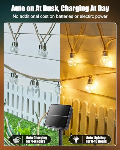 Brightown Solar String Lights Outdoor, 2 Pack 30Ft Vintage Hemp Rope Patio Lights with 15 Shatterproof Bulbs, 8 Light Modes Waterproof Hanging Lights for Backyard Fence Café Bistro Decor, Warm White - size: 60FT G45