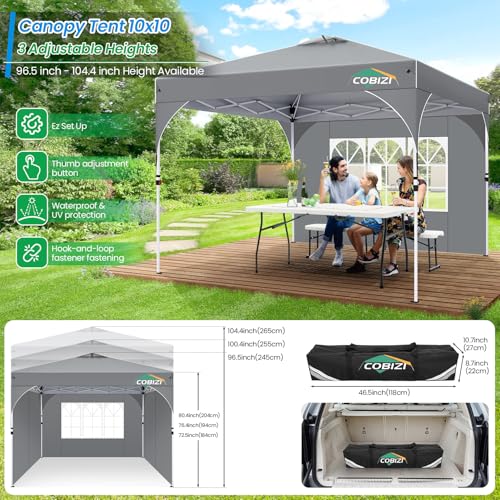 COBIZI 10x10 Pop Up Canopy with 3 Removable Sidewalls, Easy Pop Up Comercial Instant Canopy with One Push Center Lock, Waterproof Canopy with Sidewalls for Event, Rope & Stakes & Sandbags, Gray - color: Gray, size: 10x10ft (Old Model)