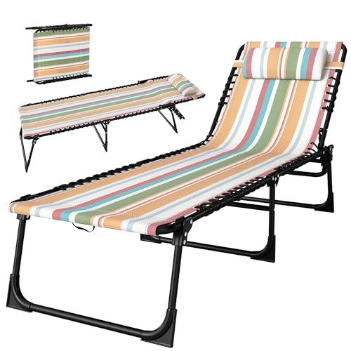 Outsunny Folding Chaise Lounge Chair, Patio Sun Tanning Chair, Outdoor Chaise Lounger with 4-Position Reclining Back, Breathable Mesh Seat for Beach, Poolside, Yard, Rainbow Striped - color: Rainbow Striped, size: 1 Pack