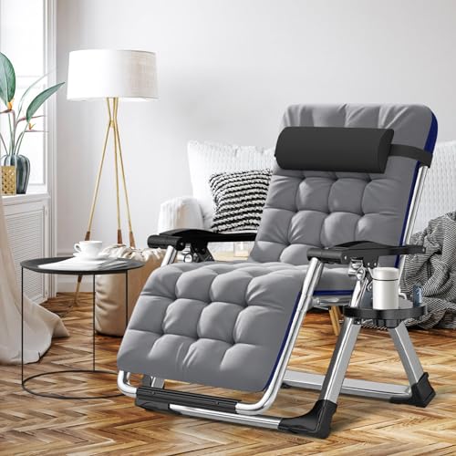 ABORON Oversized Zero Gravity Chair,29In XL Premium Outdoor Lawn Folding Lounge Chairs,Sturdy Adjustable Reclining Patio Chairs with Removable Cushion,Headrest & Tray - color: Upgrade Light Gray