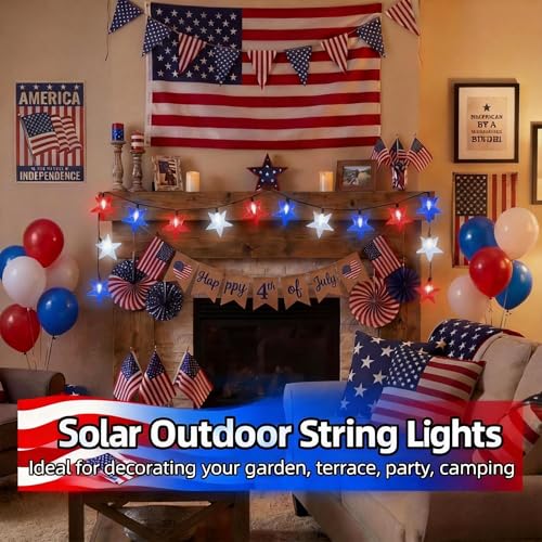 4th of July Twinkle Solar Star String Lights Decorations Outdoor Waterproof Fairy Lights 39FT Red White and Blue 100 LED with 8 Lighting Modes for Independence Day President Day Memorial Day - color: Red-Blue-White