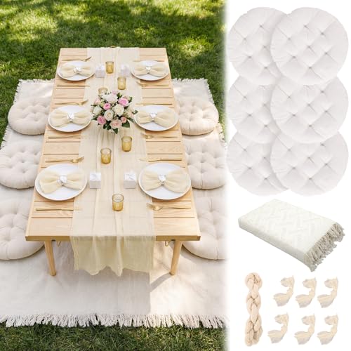 Beeveer 91 x 71'' Extra Large Outdoor Picnic Blanket with Table Runner Napkins and Floor Pillows Cushions for Picnic Party Camping Wedding Bachelorette Birthday Baby Shower Decor(6 Set,Beige) - color: Beige