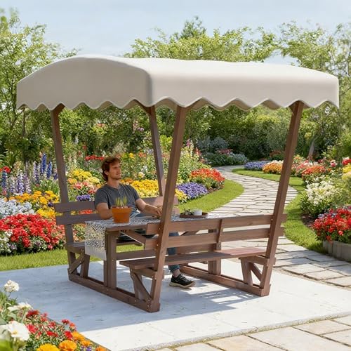 Outdoor Wooden Picnic Table with Removable Sunshade Canopy & Benches All-Weather Solid Wood Patio Dining Set for 4 6 Person Perfect for Backyard, Deck, Park, and Beach Brown - size: Table With Canopy