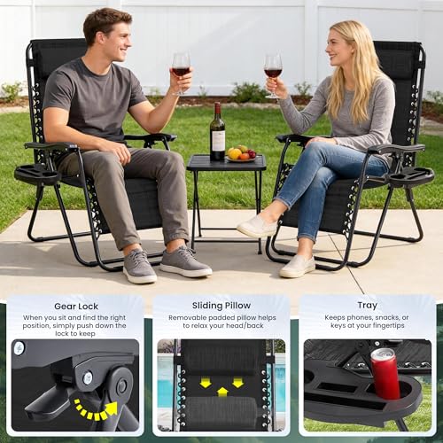 Zero Gravity Chair Set of 4 Oversized Folding Recliner, Padded Anti Gravity Lounge Chair with Adjustable Pillow & Cup Holder for Outdoor Camping, Patio, Poolside, Lawn (Black) - color: Black, size: 4 PCS