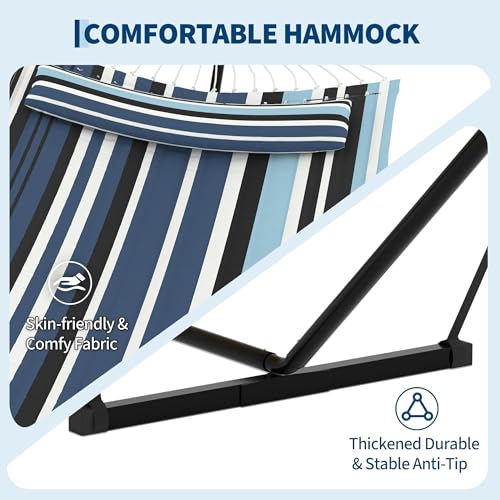 KYBOLT 2 Person Double Hammock with Stand & Pillow, 450 LBS Heavy Duty Outdoor Hammock with Balance Rope for Patio Backyard Poolside