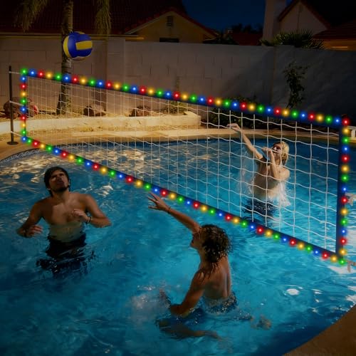 Upgraded Pool Volleyball Net, 15x3FT Pool Volleyball Net for Inground Pool Games for Adults and Family 2026 Summer Pool Floaties Party Gift - color: White Blue with Lights