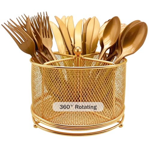 DysanVica 360° Rotating Metal Utensil Caddy - 4 Compartment Silverware Cutlery Holder Rotation Fork Spoon Napkin Organizer Flatware Storage Basket Party Countertop Buffet Picnic Camping Outdoor Gold - color: Gold