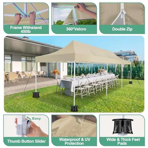 COBIZI 10x30 Canopy Tent, Heavy Duty Pop up Canopy with Sidewalls, Waterproof Easy Setup Tent with Mosquito Netting, Outdoor Instant Screen Tents for Parties, Wedding with Roller Bag, Khaki - color: Khaki, size: 10x30FT