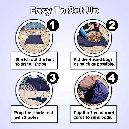 EasierHike Beach Shade Tent, 7 × 7.15 Ft Portable Easy Pop Up Beach Canopy, UPF50+ Sun Protection Shelter, Windproof & Water Resistant, Stable with 4 Sandbags & Windproof Cords, Perfect for Family - color: Navy Blue, size: 7x7.15 FT 2 Poles