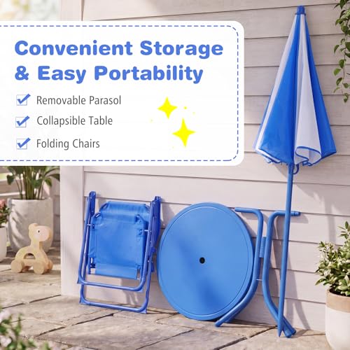 KOTEK Kids Picnic Table with Umbrella, Outdoor Table & 2 Folding Chairs, Cute Pattern Children’s Patio Furniture, Portable Kids Table and Chair Set for Backyard, Garden, Beach (Blue Ocean) - color: Blue Ocean