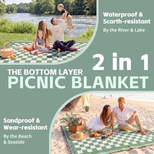 2 in 1 Extra Large Outdoor Picnic Mat Woven Summer Throw Blanket Boho Giant Beach Travel Essential Yoga Accessories Park Patio Lawn Garden Grass Ground Play Music Festival Concert Must Have - color: Checkered Green