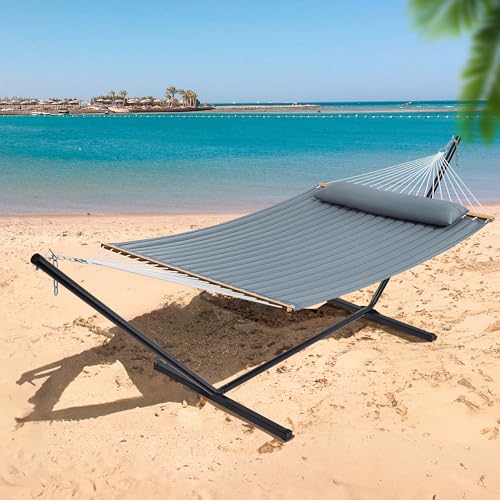 SUPERJARE Hammock with Stand, 2 Person Quilted Outdoor Hammock, Detachable Pillow & Bamboo Spreaders, Portable Hammock with Carrying Bag, Heavy Duty Stand, Perfect for Outside, Patio, Neutral Gray - color: Neutral Gray, size: 55.1"W × 74.8''D × 43.3''H