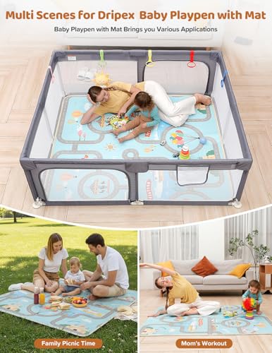 Dripex Baby Playpen with Mat, 71"x59" Play Pen for Toddlers 1-3 Years, Soft Breathable Visible Mesh, Indoor/Outdoor Portable Play Yard with Mat, Safe Baby Fence Play Area, Grey - color: Grey, size: 71"×59" with Mat