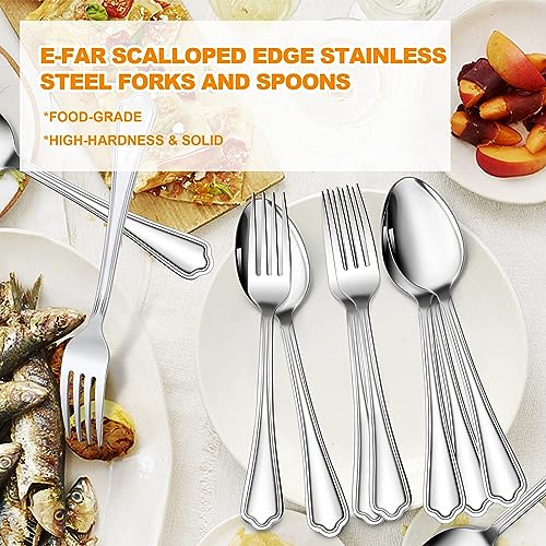 16-Piece Spoons and forks Set, E-far Stainless Steel Scalloped 8 Dinner Forks and 8 Dinner Spoons, Modern Metal Silverware Flatware Cutlery for Kitchen and Restaurant, Dishwasher Safe-7.9 Inch - style: Scalloped