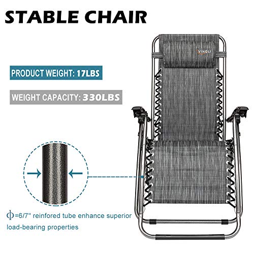 VINGLI Upgraded Zero Gravity Chair Set of 2 Lounge Outdoor Chairs with Trays and Pillows, Folding Patio Recliner Chairs for Backyard Poolside Garden - color: Grey