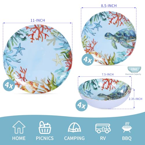 12-Piece Melamine Turtle Dinnerware Set, Ocean Plates and Bowls Sets, Indoor Outdoor Dish Sets for 4, Unbreakable Lightweight Tableware Set - Turtle - color: Blue Turtle