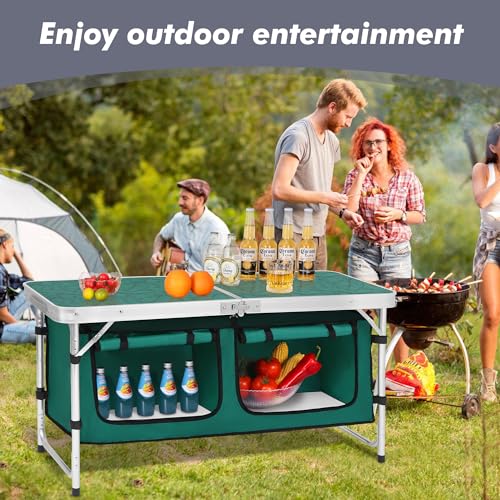 Camp Field Camping Folding Aluminum Table with Adjustable Legs for Outdoor Travel Beach, Backyards, BBQ, Party and Picnic Foldable Table - color: Green